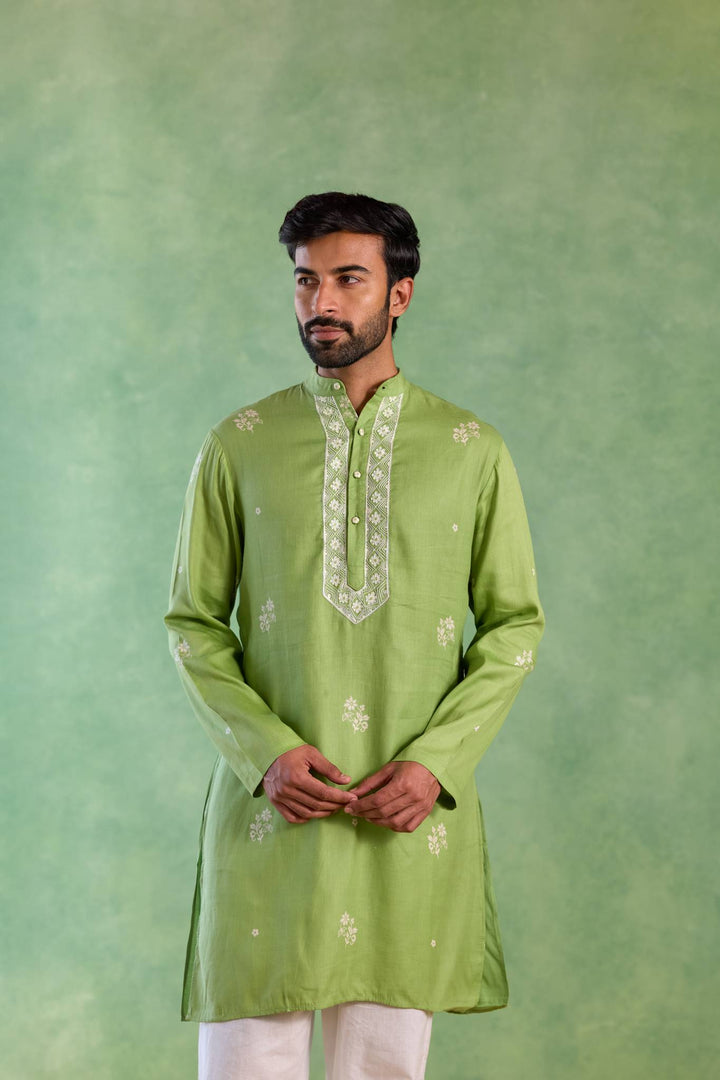 Sage Floral Buta Embroidered Kurta with Narrow Pants