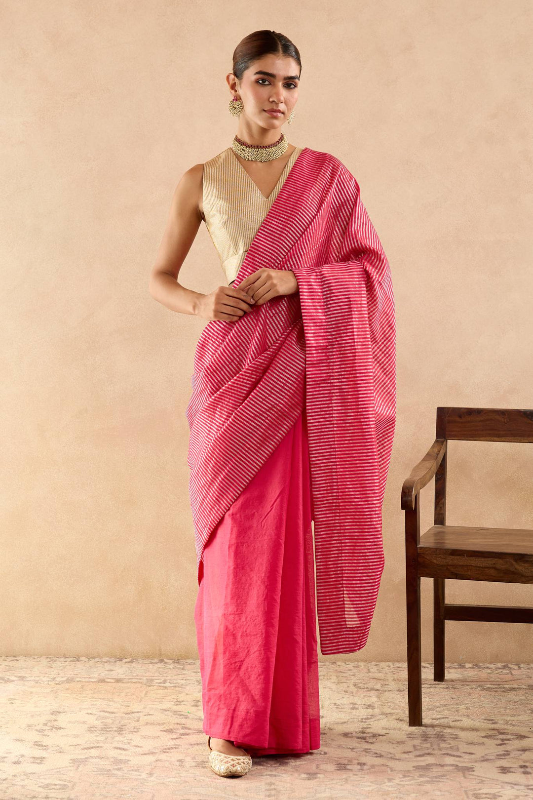 Fuchsia Pink Chanderi Saree with Stripe Pallu