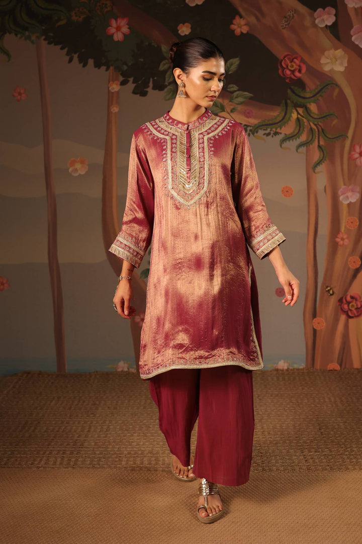 Purple Zari Tissue Kurta with Flared Pants and Dupatta - Set of 3