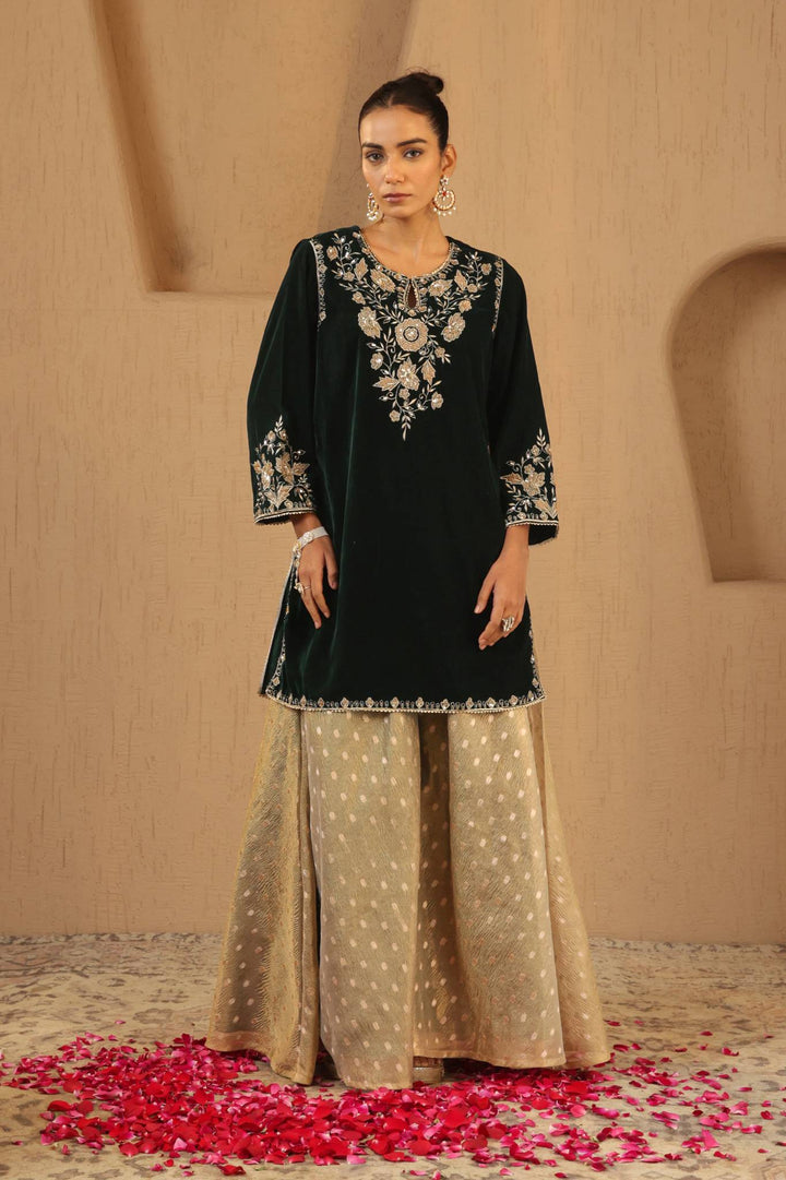 Emerald Floral Zari Velvet Kurta with Sharara - Set of 2