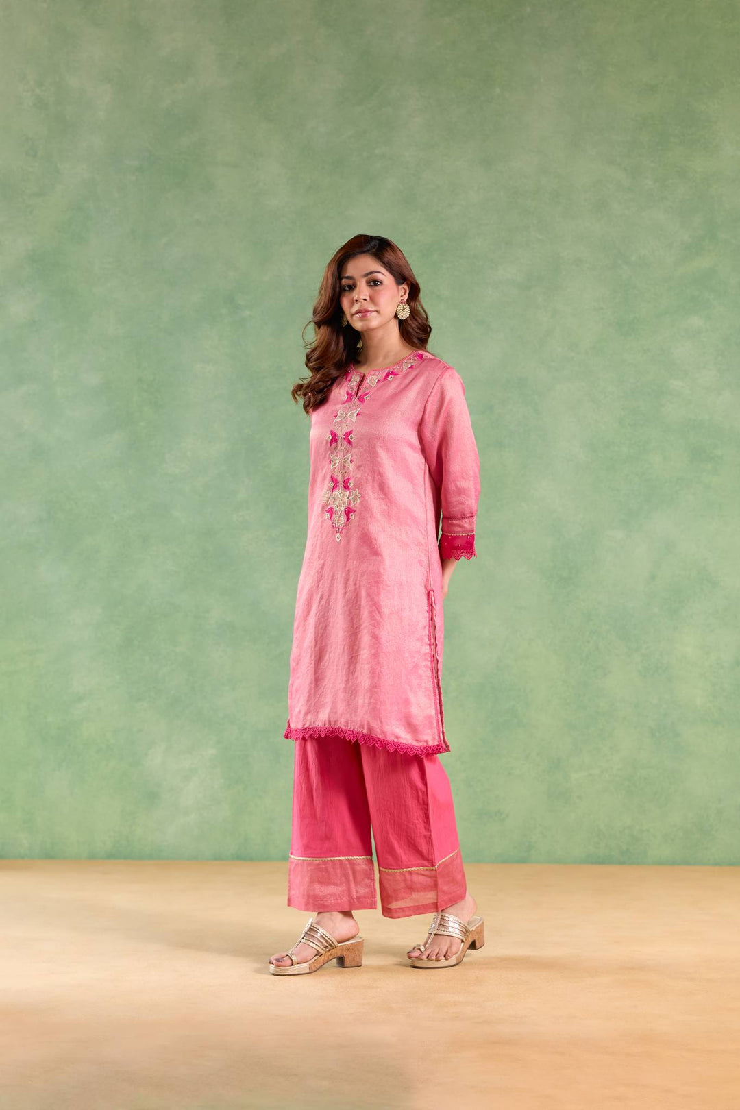 Fuchsia Pink Applique Kurta with Narrow Pants and Dupatta - Set of 3