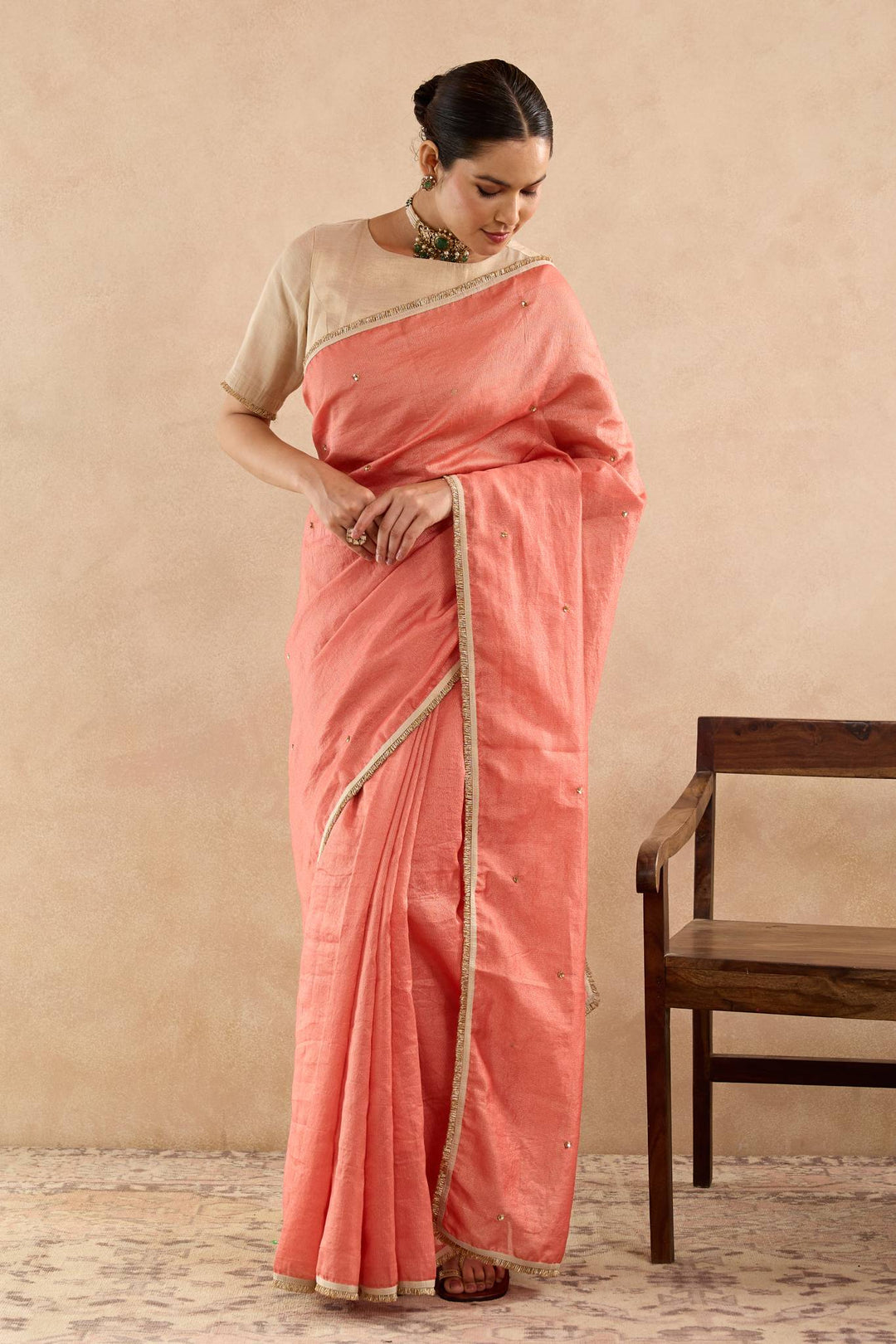 Red Gold Sequins Chanderi Stripe Saree