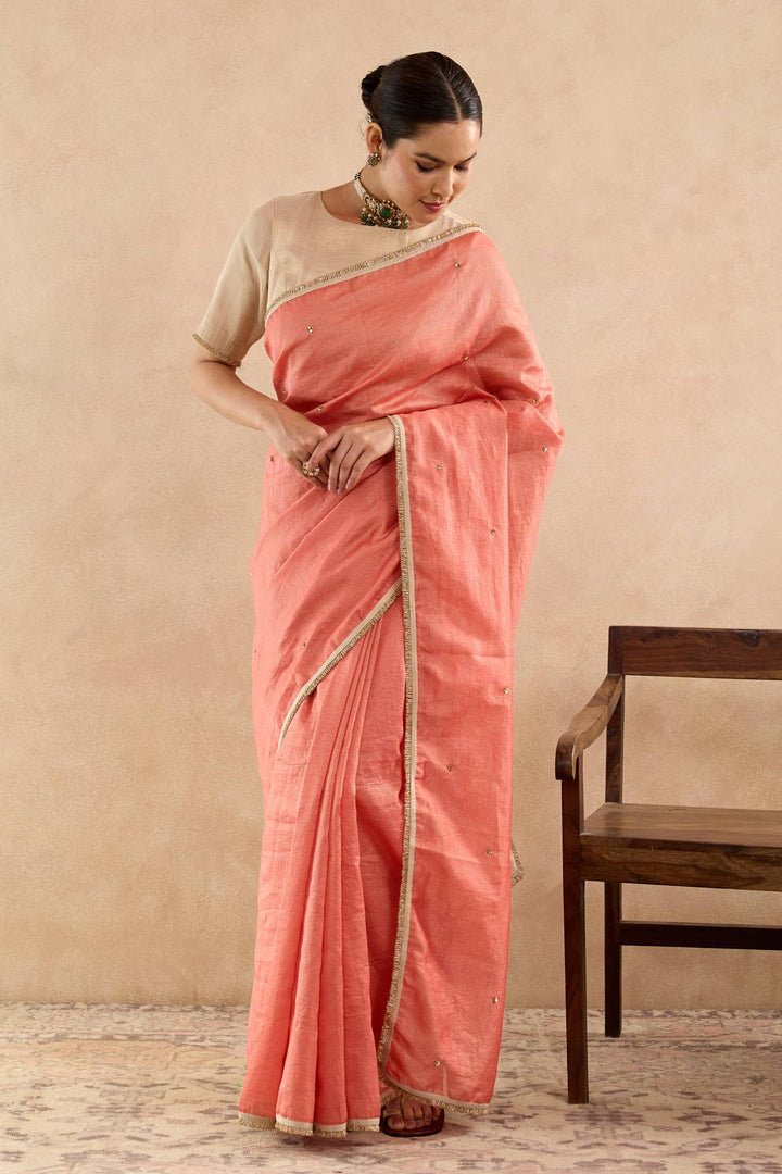 Red Gold Sequins Chanderi Stripe Saree