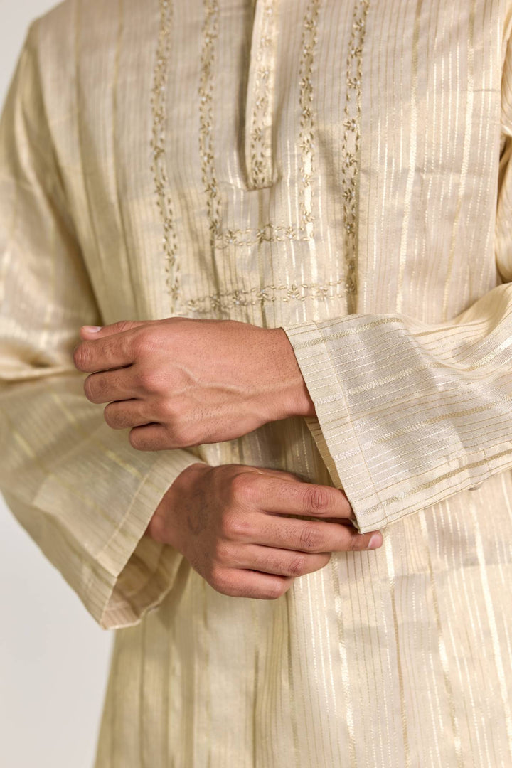 Gold Zari Yoke Stripe Embroidered Kurta with Narrow Pants