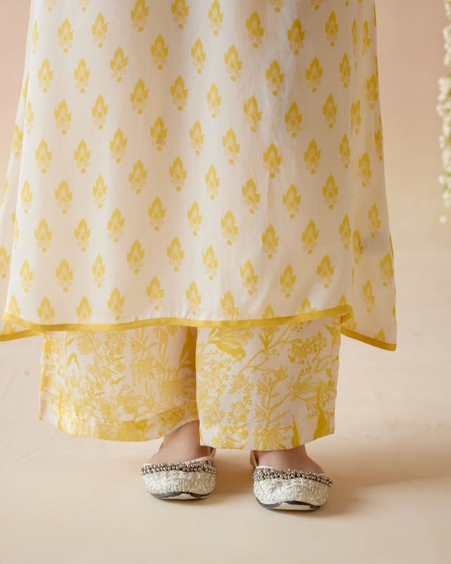 Freesia Yellow A-Line Long Kurta with Wide Leg Pants and Dupatta-  Set of 3