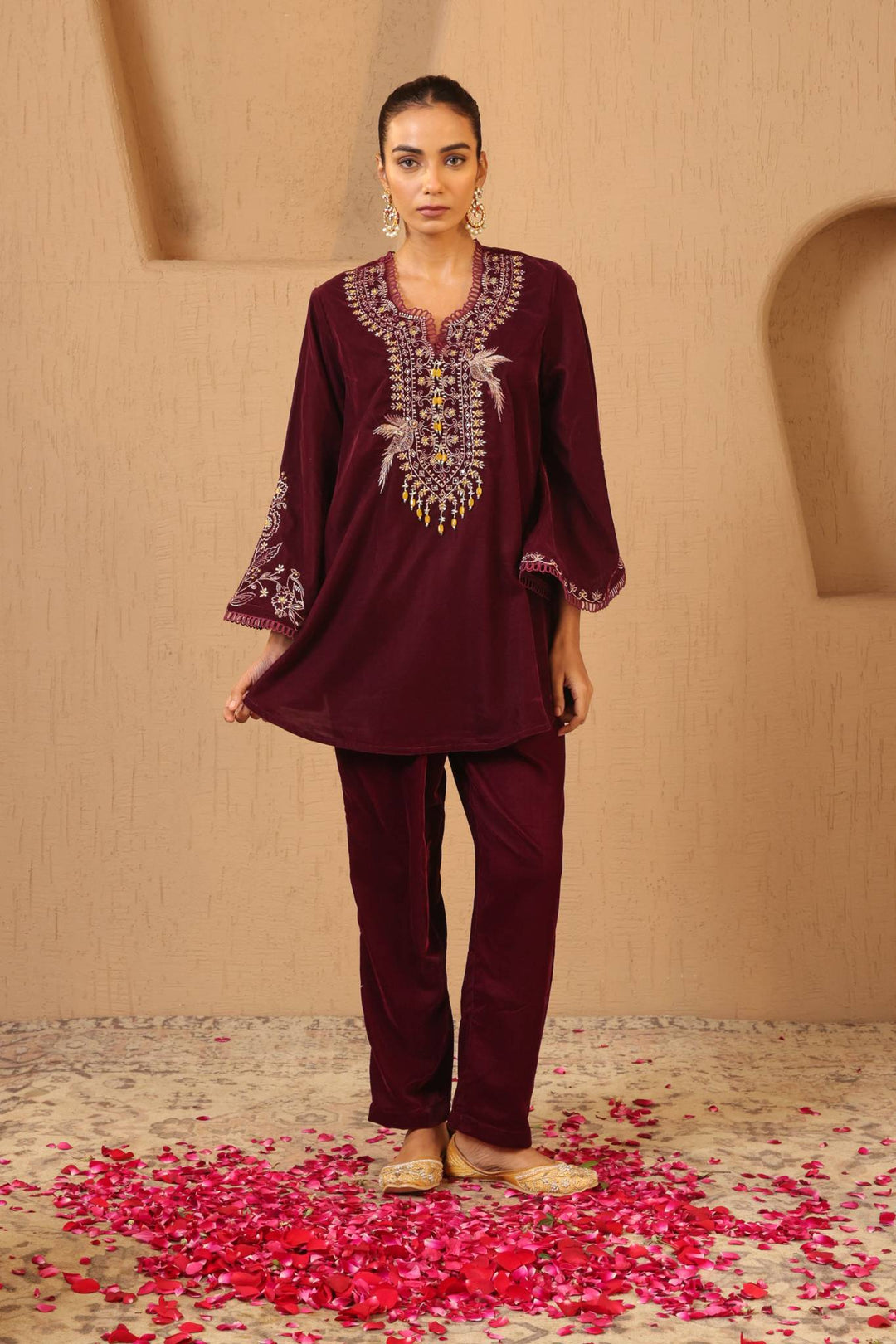 Wine Zari Charm Velvet Tunic with Narrow Pants