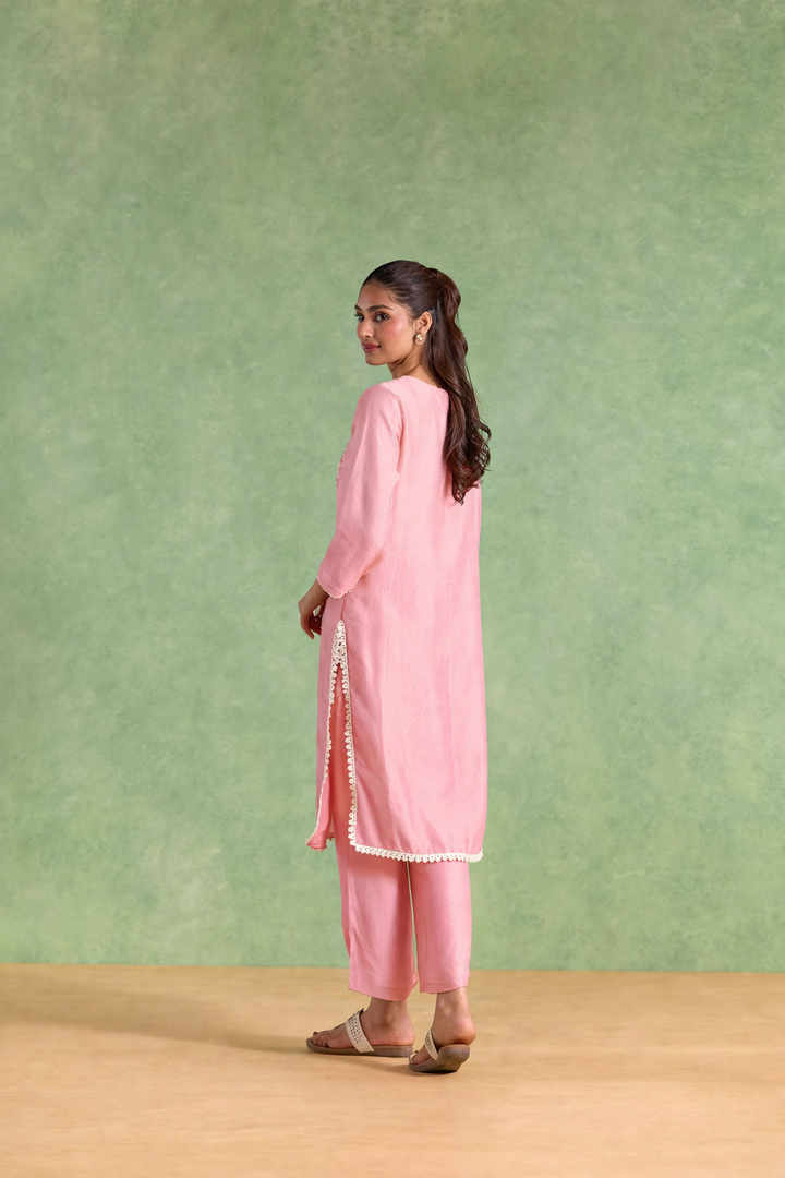 Pink Blossom Dori Chanderi Kurta with Straight Pants - Set of 2