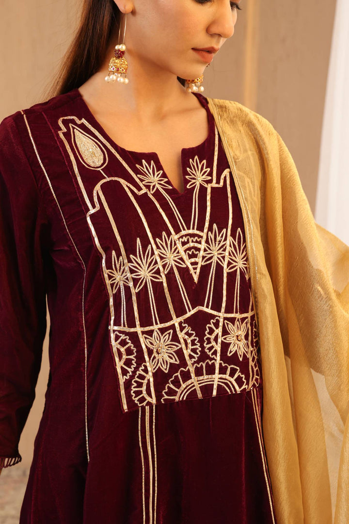 Wine Gota Velvet Anarkali with Narrow Pants and Scallop Dupatta - Set of 3