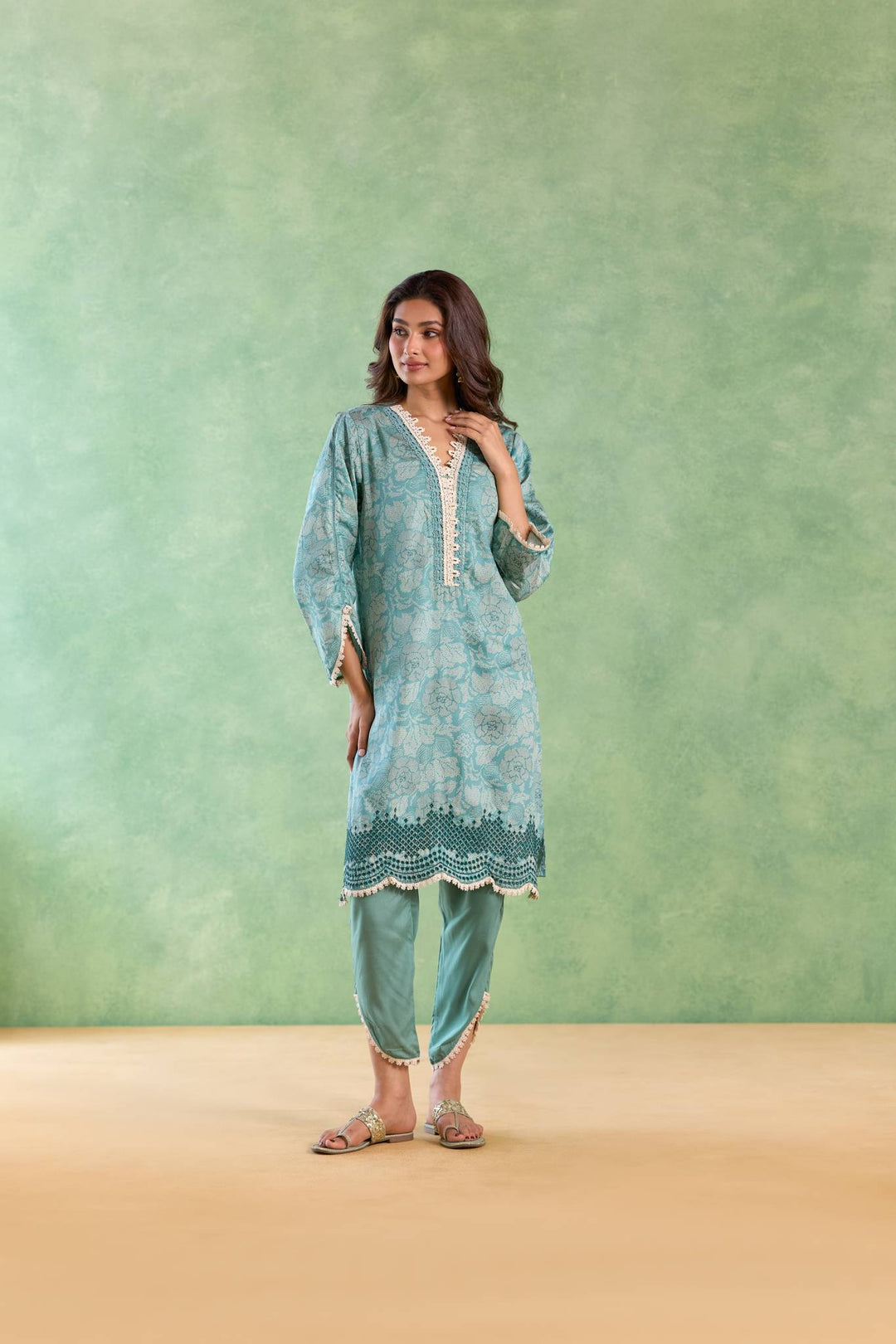 Sea Lily Kurta with Tulip Pants and Dupatta - Set of 3