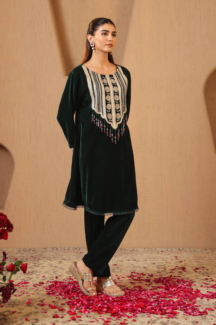 Emerald Petal Beaded Velvet Tunic with Narrow Pants - Set of 2