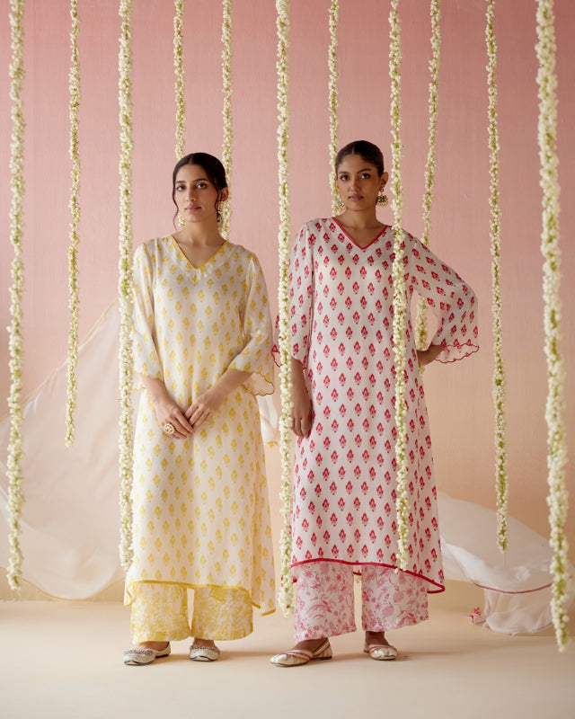 Freesia Yellow A-Line Long Kurta with Wide Leg Pants and Dupatta-  Set of 3