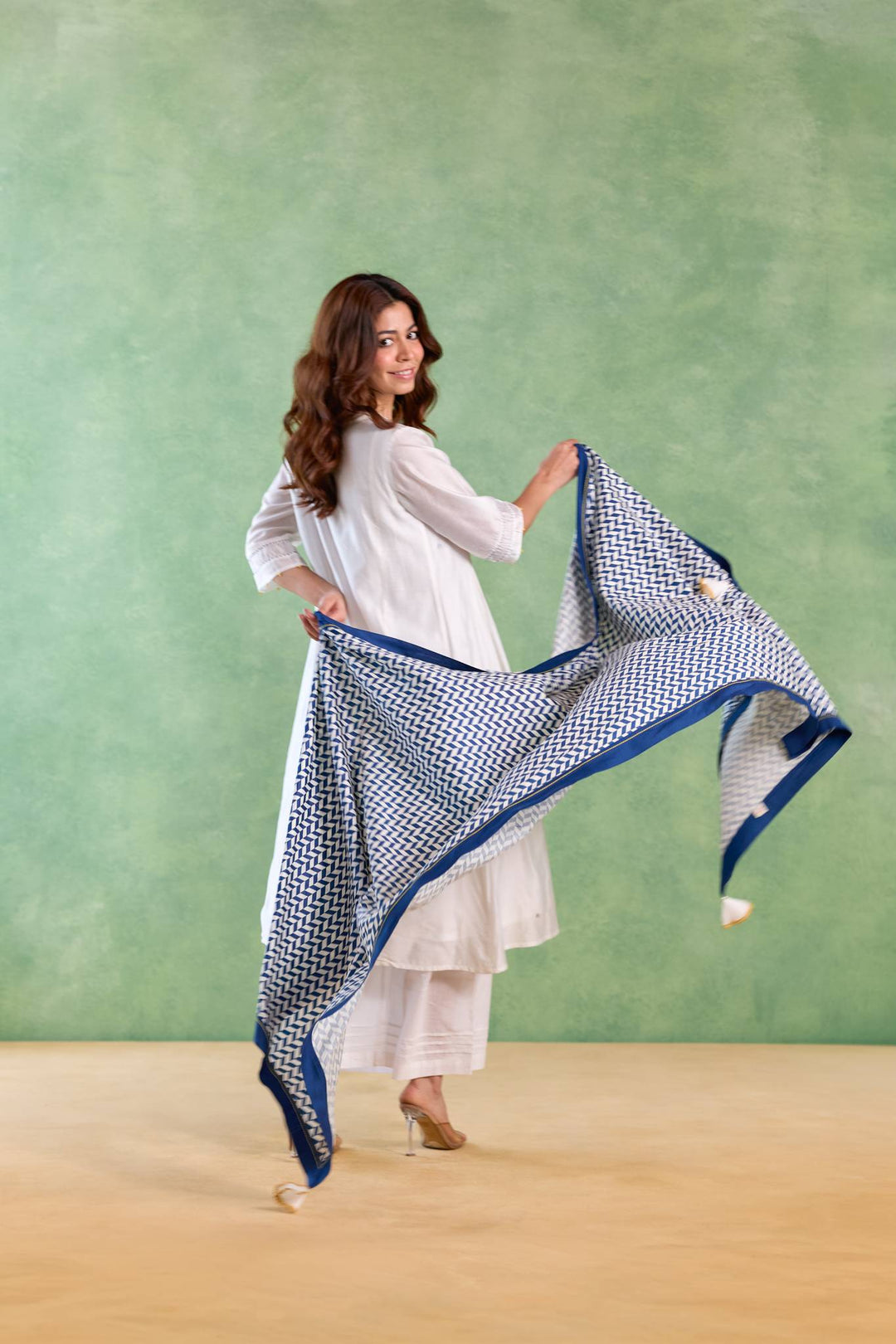 Blue Petal Embroidered Kurta with Wide-Leg Pants and Dupatta - Set of 3