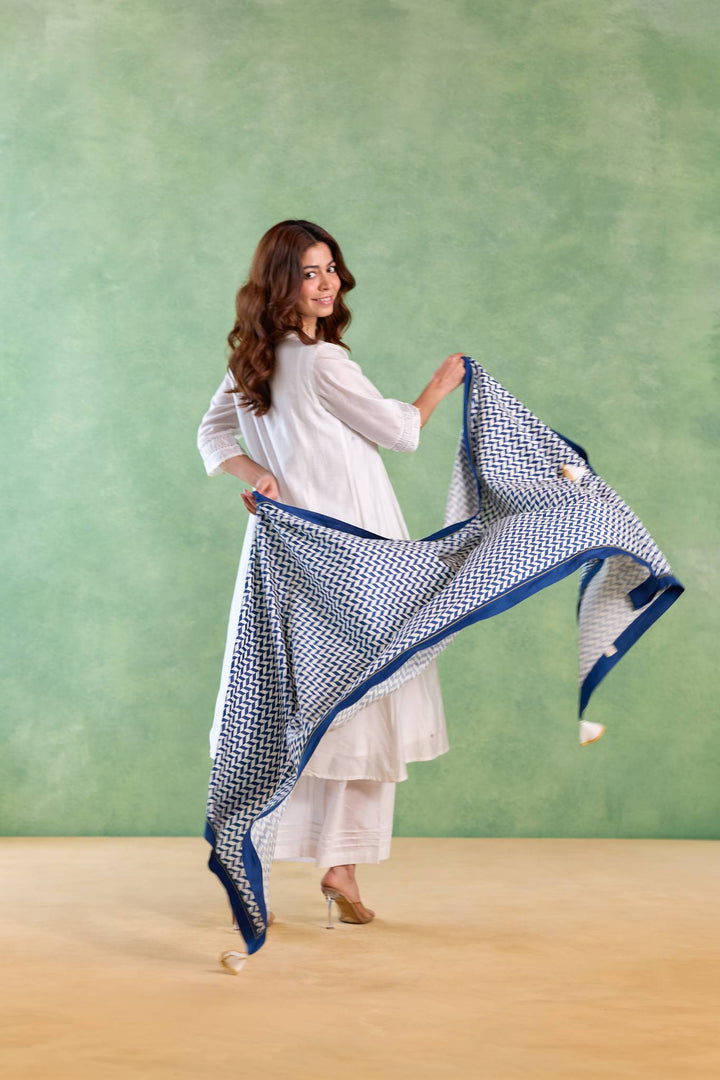 Blue Petal Embroidered Kurta with Wide-Leg Pants and Dupatta - Set of 3