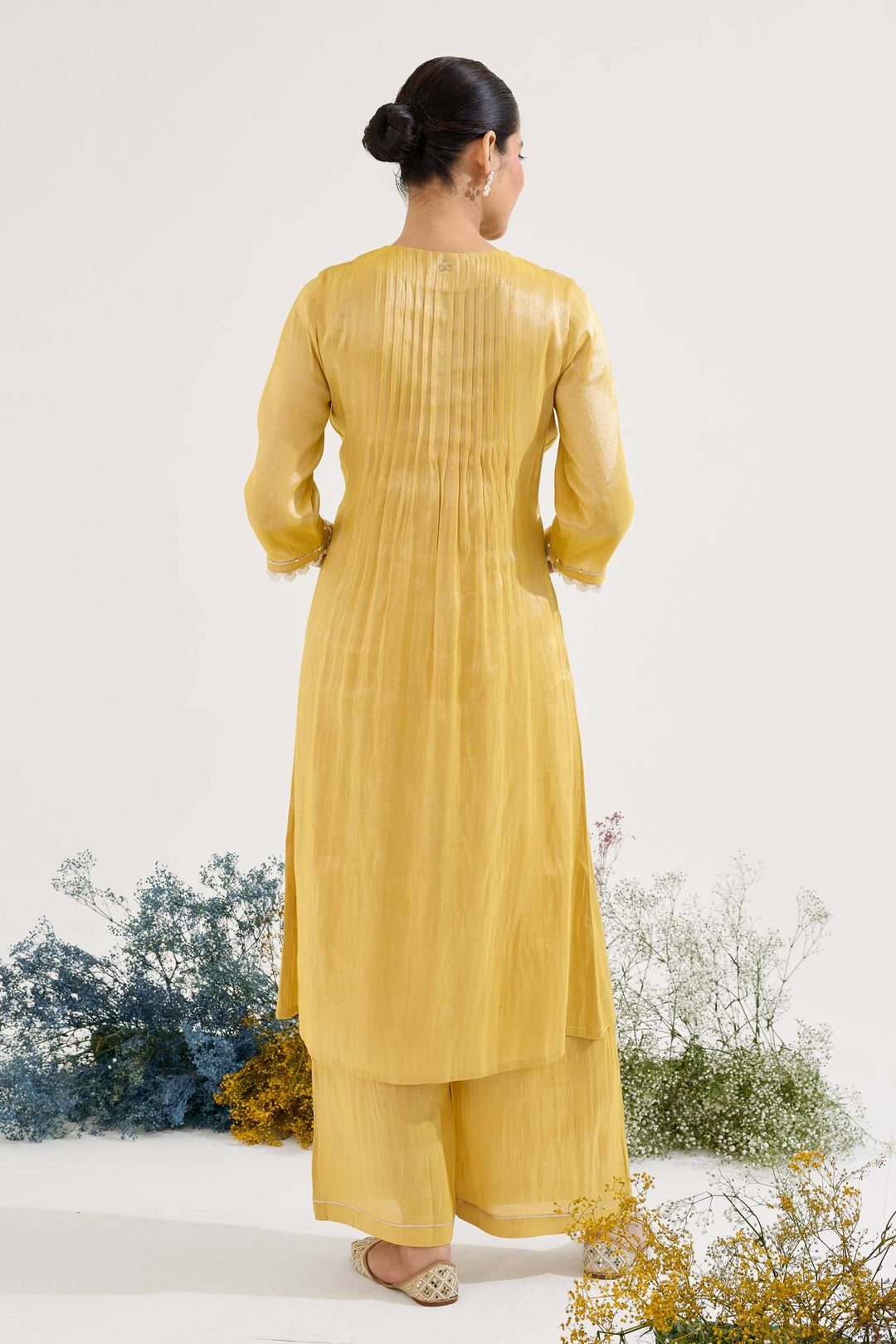 Golden Pearl Pintuck Tissue Kurta with Wide Leg Pants and Dupatta - Set of 3