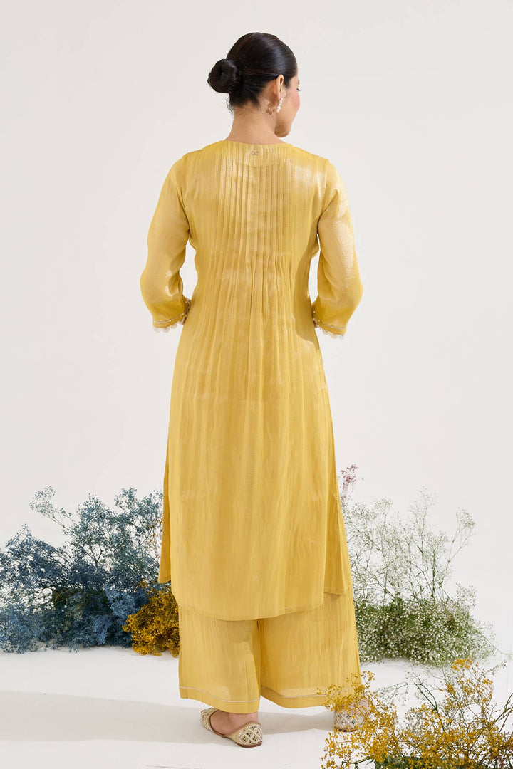 Golden Pearl Pintuck Tissue Kurta with Wide Leg Pants and Dupatta - Set of 3