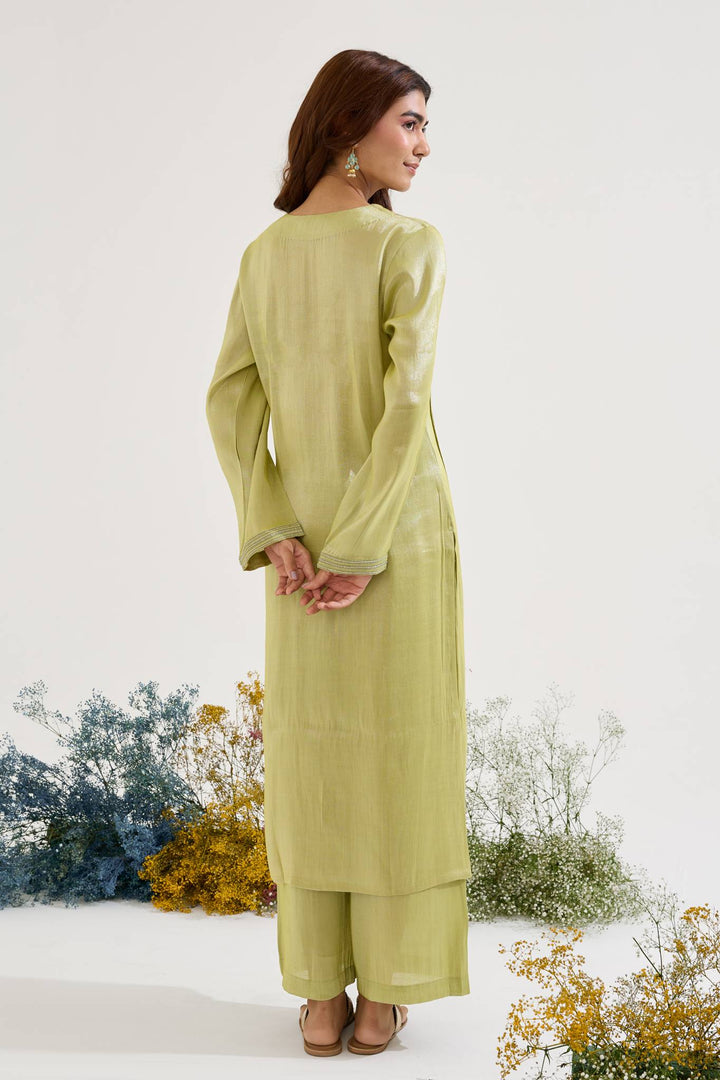 Lime Dori Tissue Kurta with Wide Leg Pants and Dupatta - Set of 3