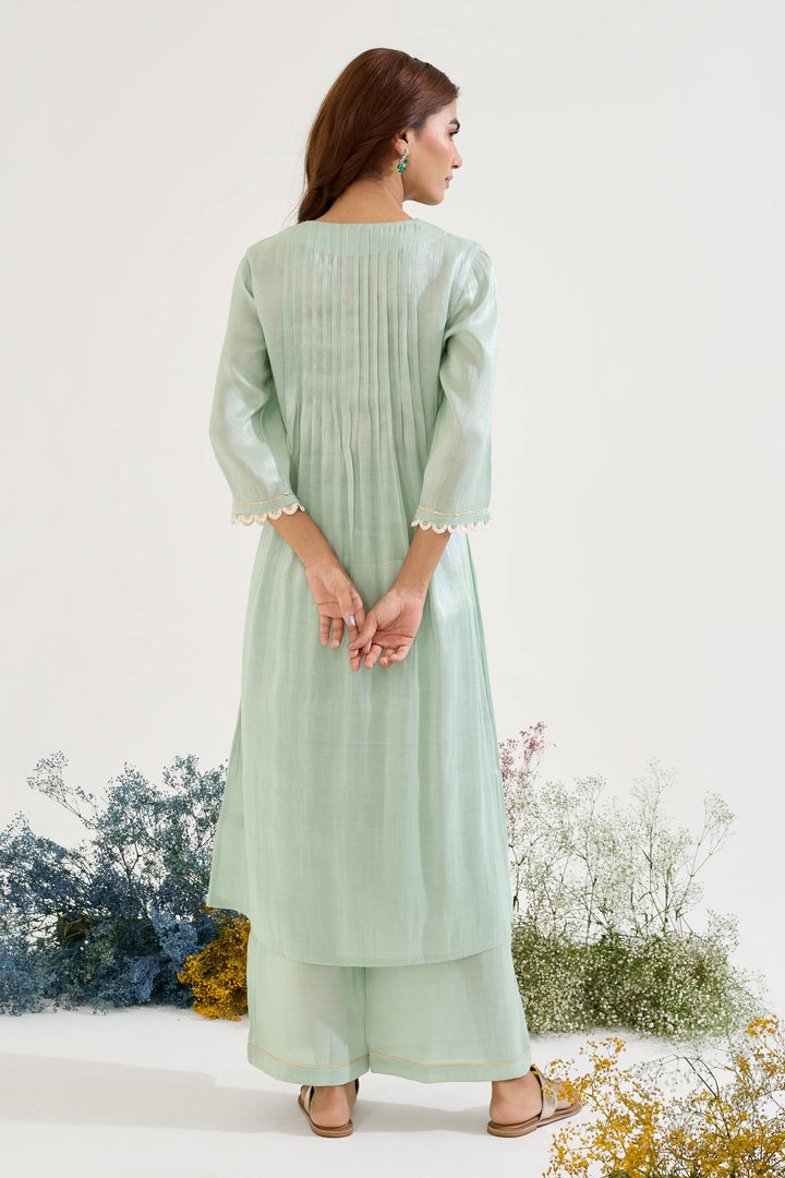 Mint Pearl Pintuck Tissue Kurta with Wide Leg Pants and Dupatta - Set of 3