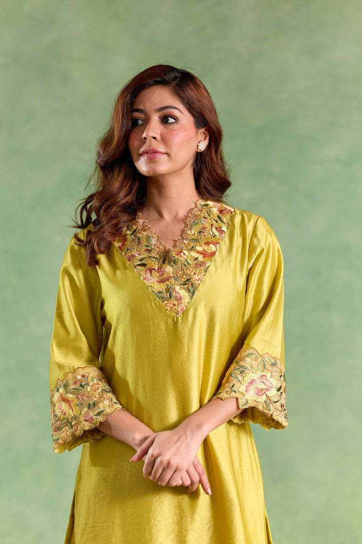 Lime Rose Embroidered Chanderi Kurta with Flared Pants and Dupatta - Set of 3