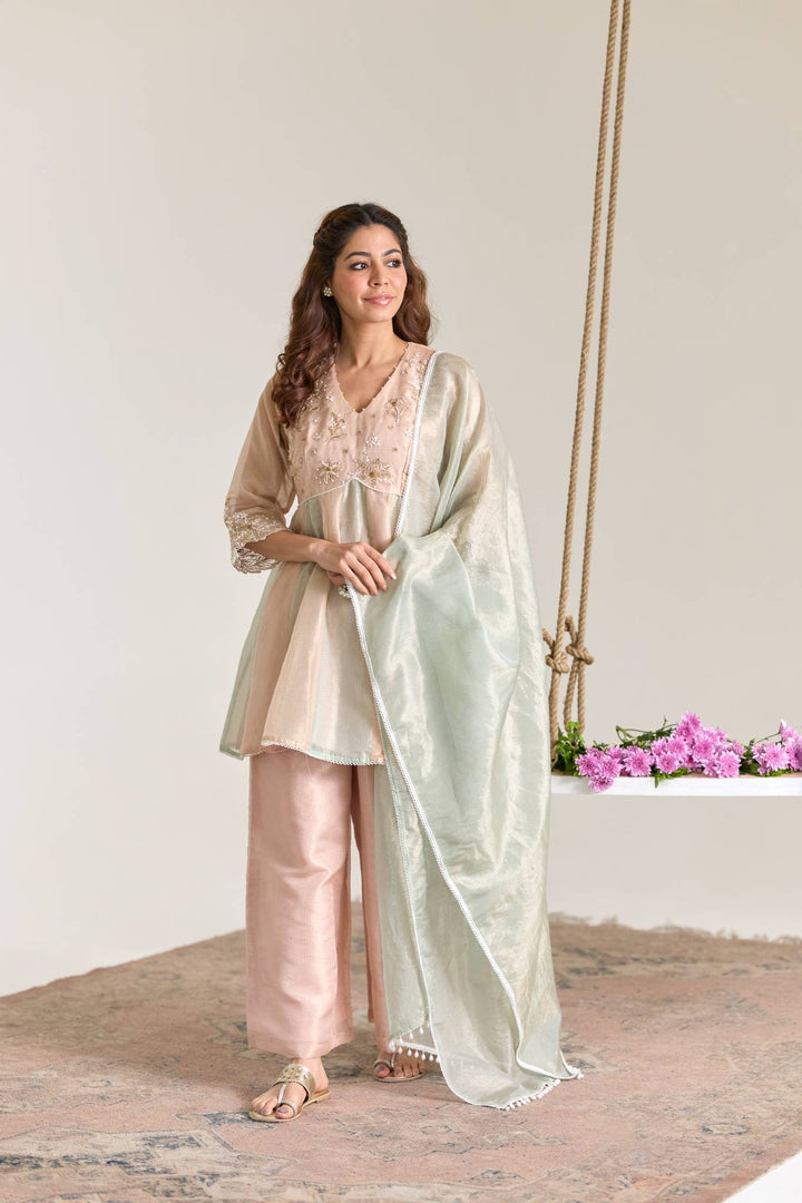 Rose Mint Dori Kota Tissue Anarkali Set with Pearl Dupatta - Set of 3