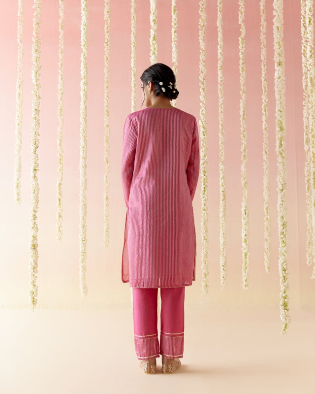 Fuchsia Rose Tissue Kurta with  Narrow Pants & Dupatta - Set of 3