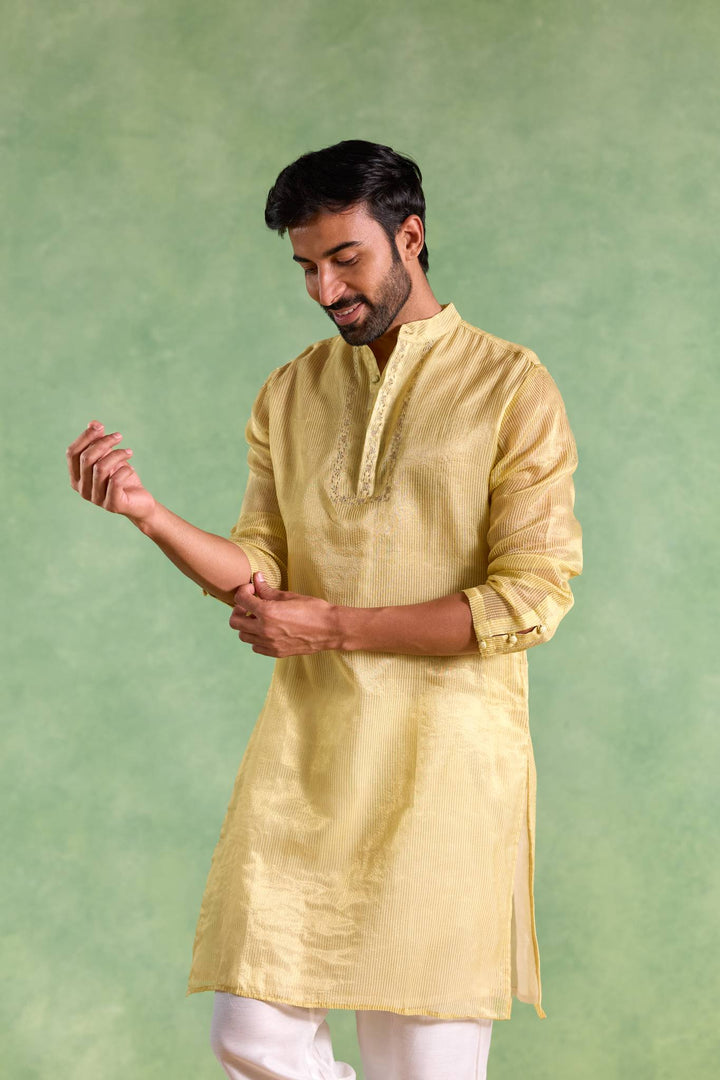 Yellow Gold Stripe Embroidered Kurta