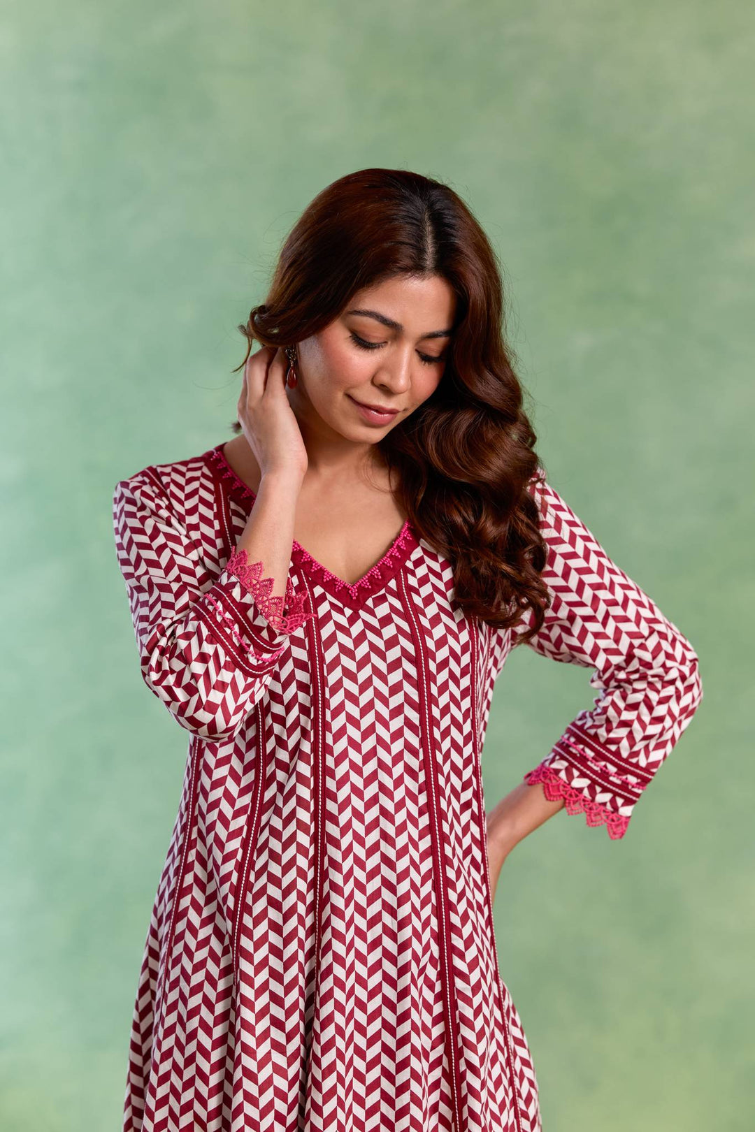 Maroon Beaded Chevron Anarkali with Flared Pants and Dupatta - Set of 3