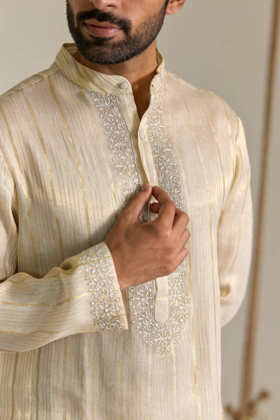 Golden Floral Stripe Embroidered Kurta with Narrow Pants