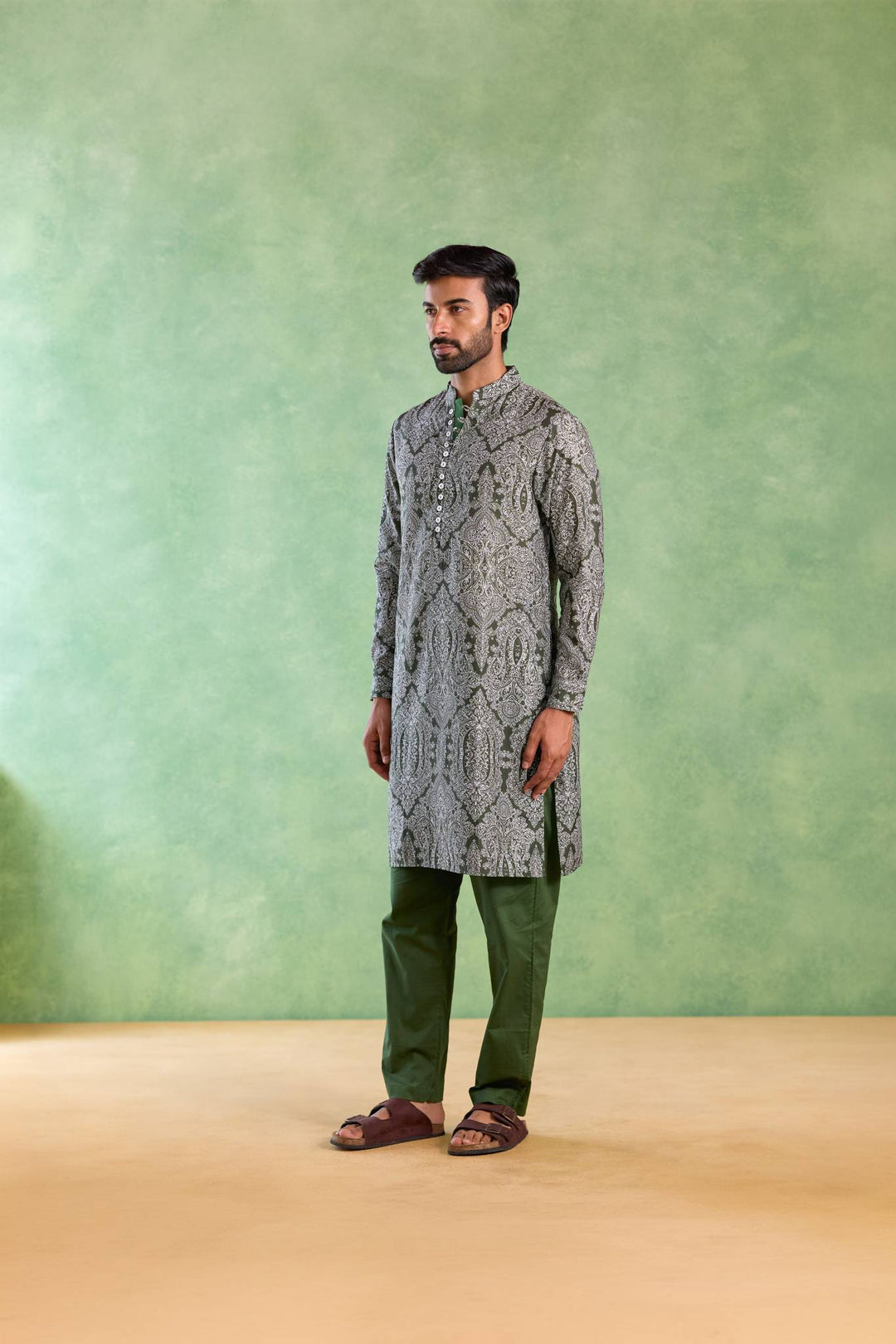 Olive Jaal Loopi Kurta with Narrow Pants
