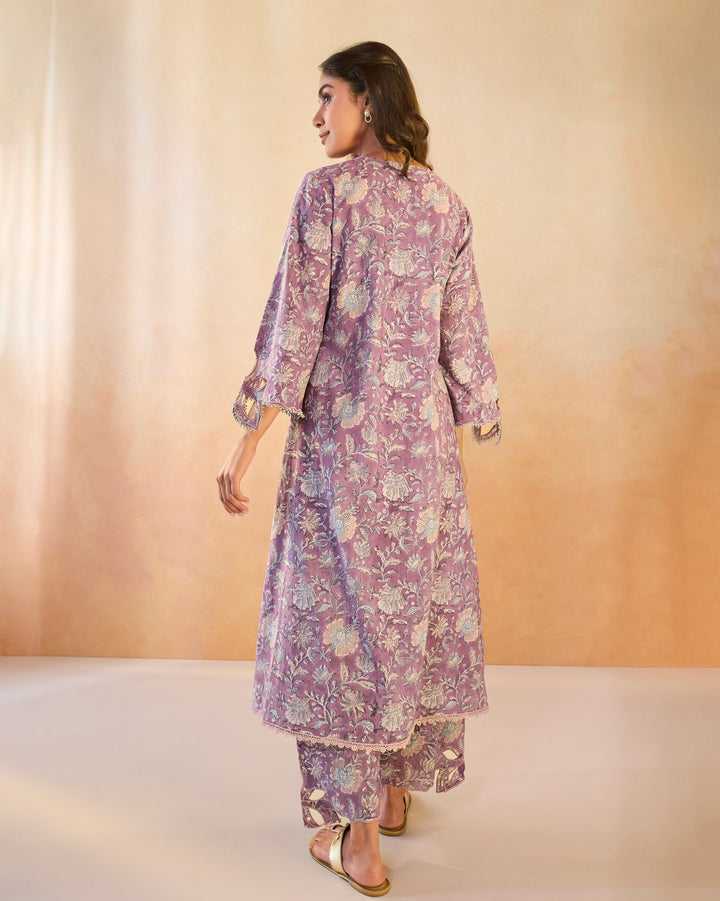 Mauve Chintz Cutwork Kurta with Wide Leg Pants - Set of 2