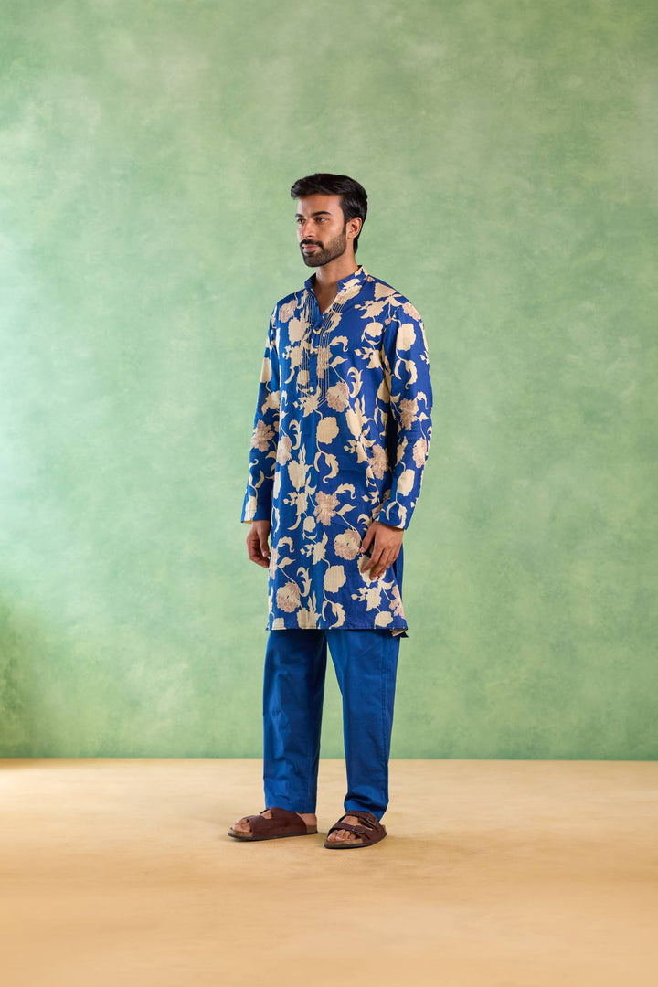 Blue Bloom Floral Jaal Kurta with Narrow Pants