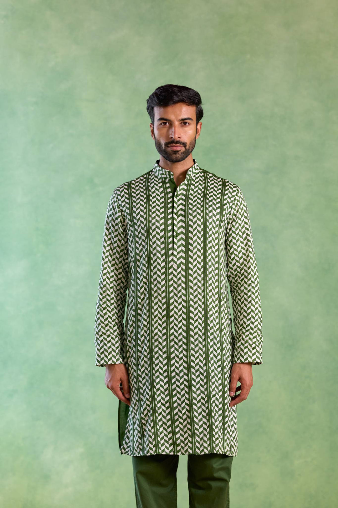 Green Chevron Embroidered Kurta with Narrow Pants