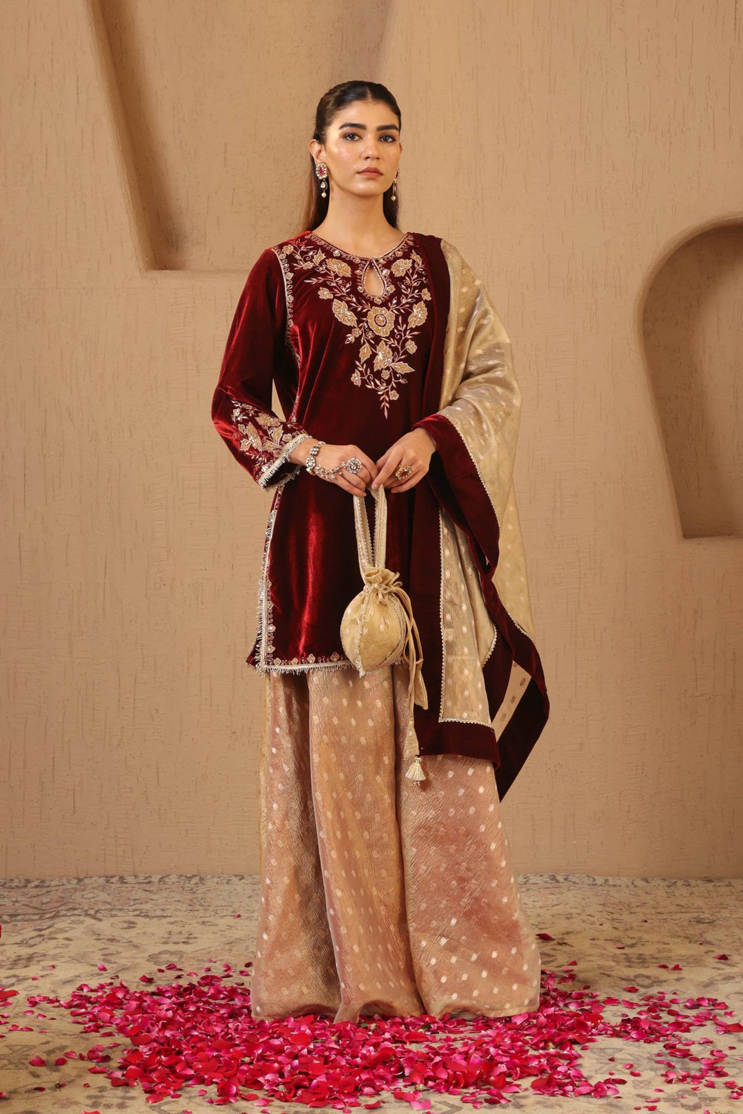 Maroon Floral Zari Velvet Kurta with Sharara - Set of 2