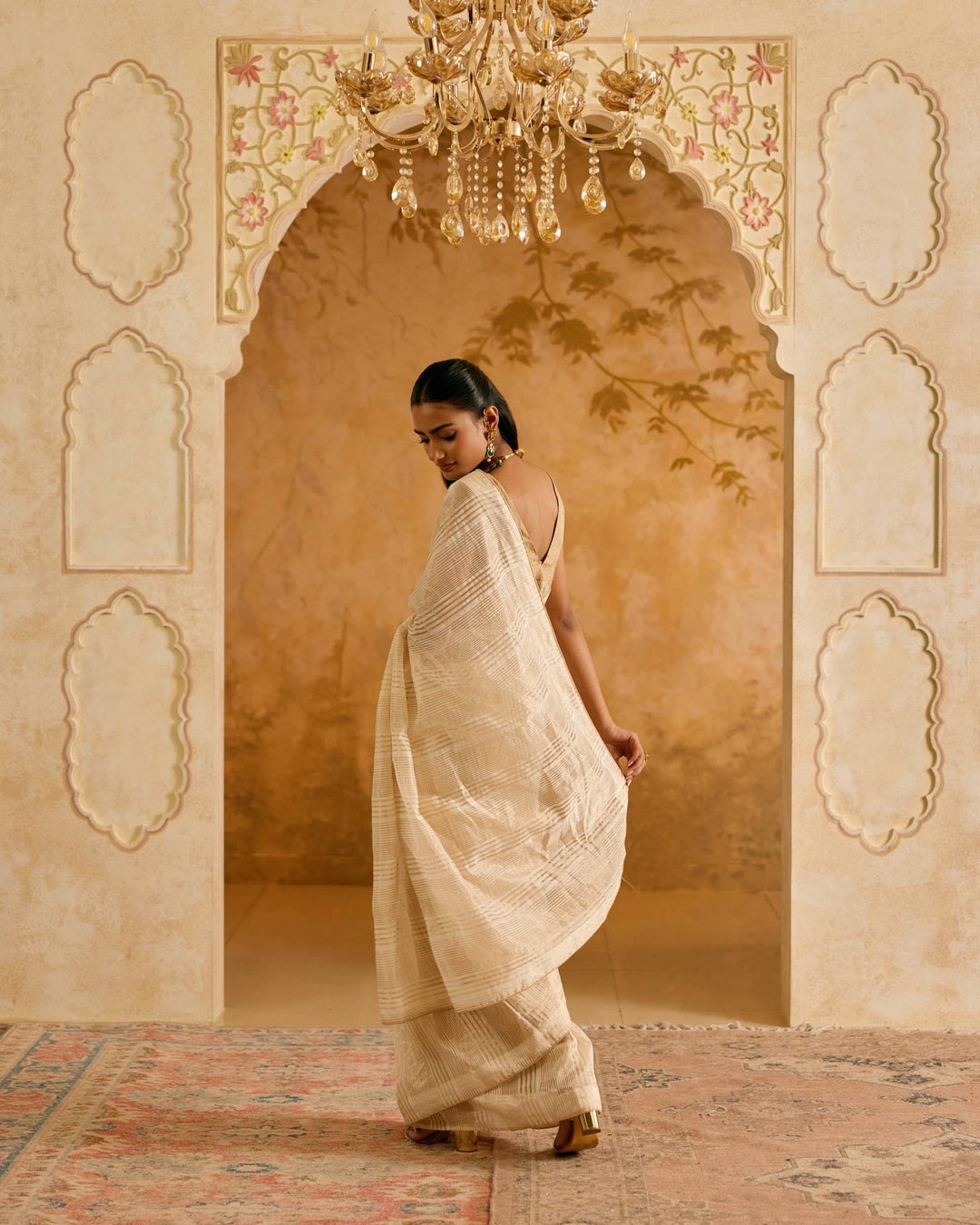 White Gold Pure Silk Tissue Stripe Saree