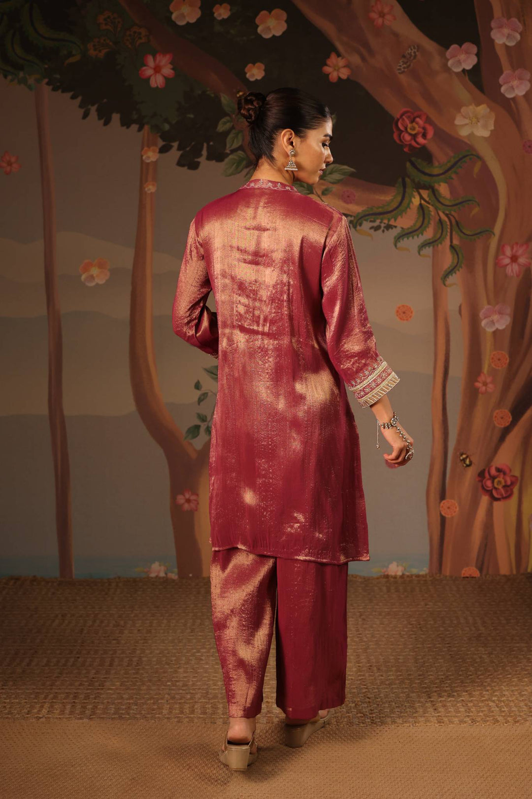 Purple Zari Tissue Kurta with Flared Pants and Dupatta - Set of 3