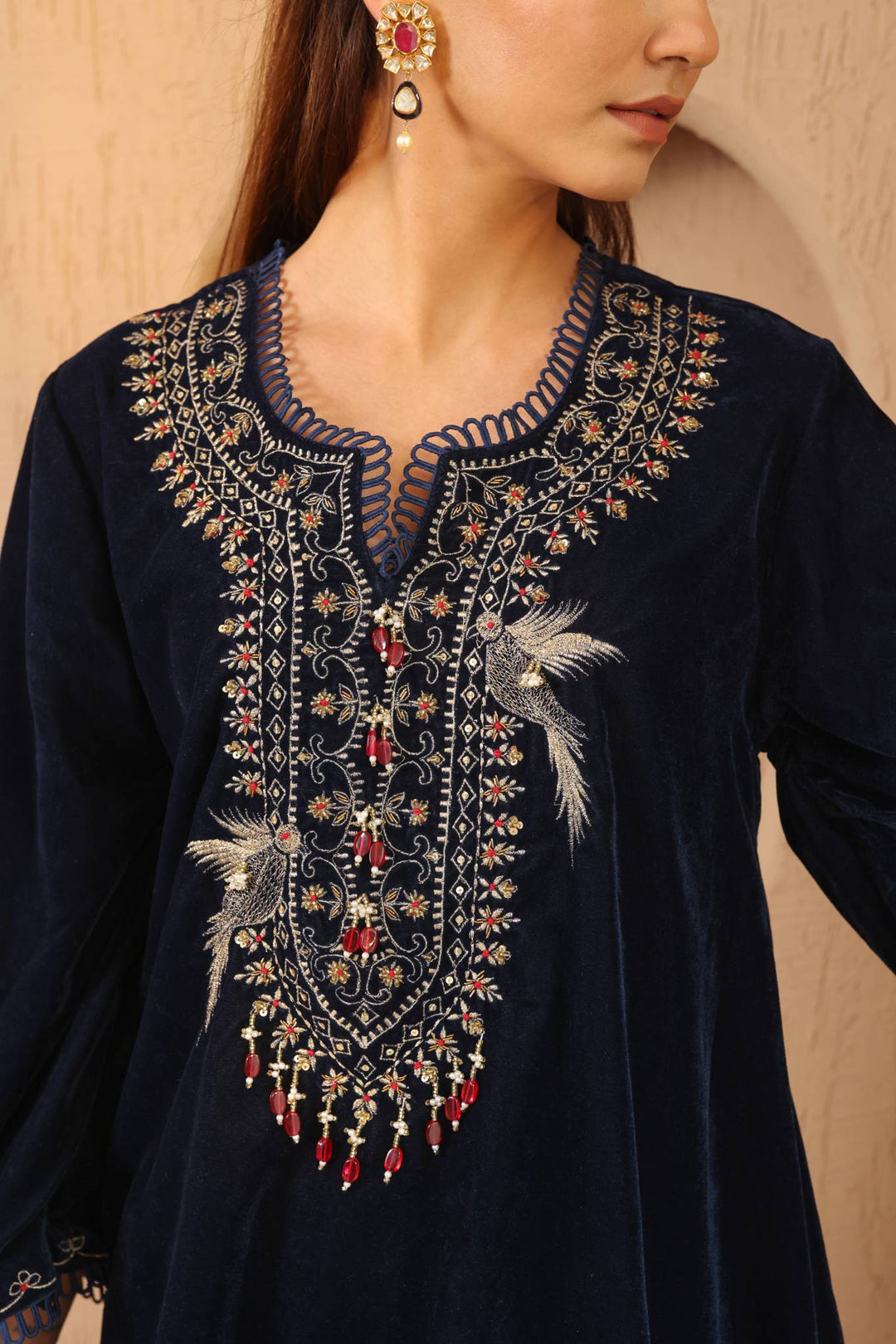 Navy Zari Charm Velvet Tunic with Narrow Pants - Set of 2