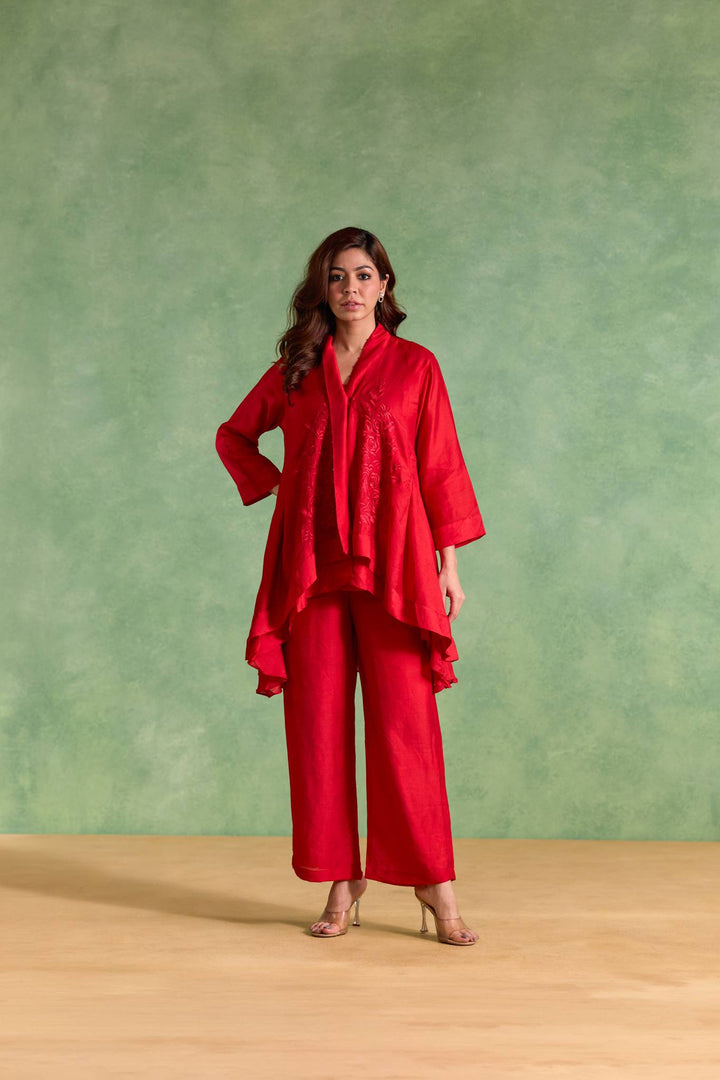 Rosy Charm Embroidered Chanderi Kurta with Straight Pants - Set of 2