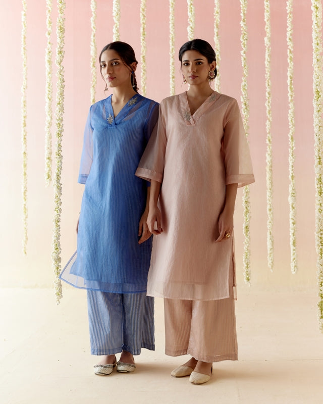 Sapphire Blue Kurta with Tissue Slip & Flared Pants - Set