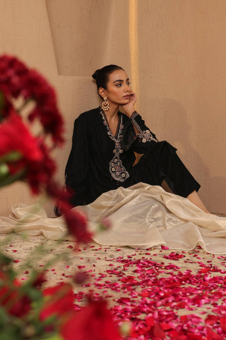 Black Dori Embroidered Kurta with Narrow Pants and Dupatta - Set of 3