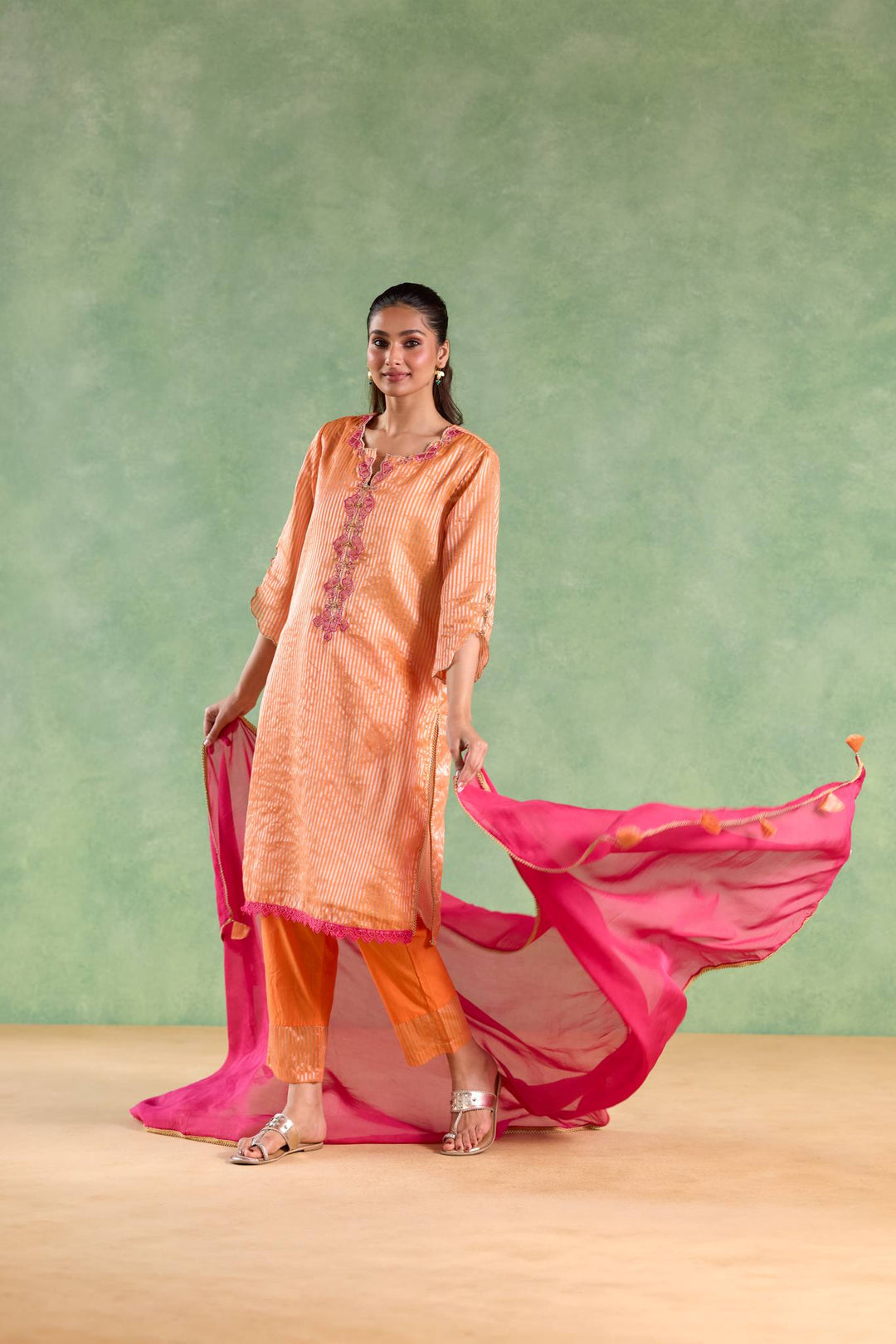 Orange Scallop Zari Kurta with Narrow Pants and Dupatta - Set of 3