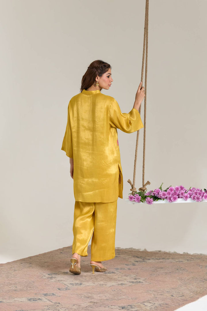 Fuschia Yellow Applique Embroidered Tissue Kurta Set- Set of 2