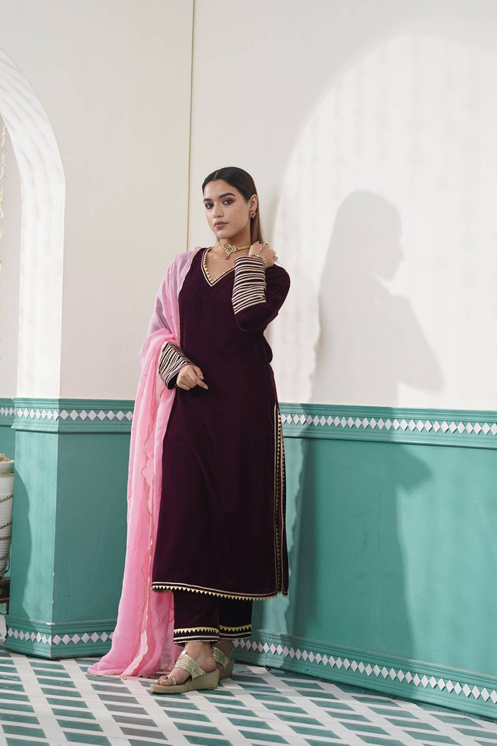 Wine Velvet Kurta Set