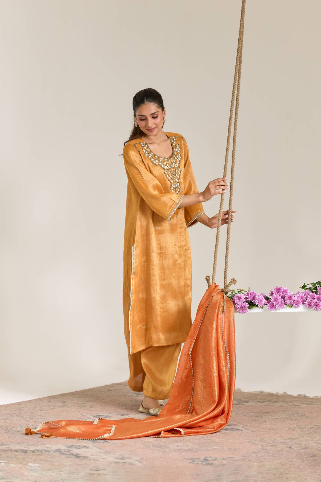 Orange Pearl Zari Embroidered Tissue Kurta Set with Stripe Dupatta - Set of 3