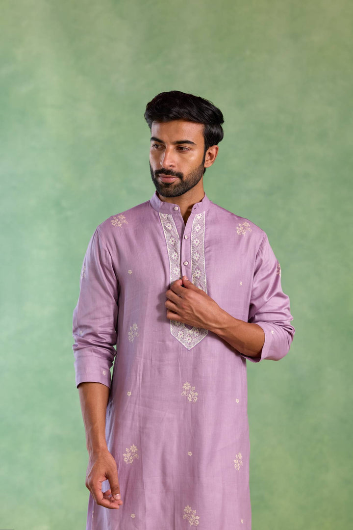 Lilac Floral Buta Embroidered Kurta with Narrow Pants