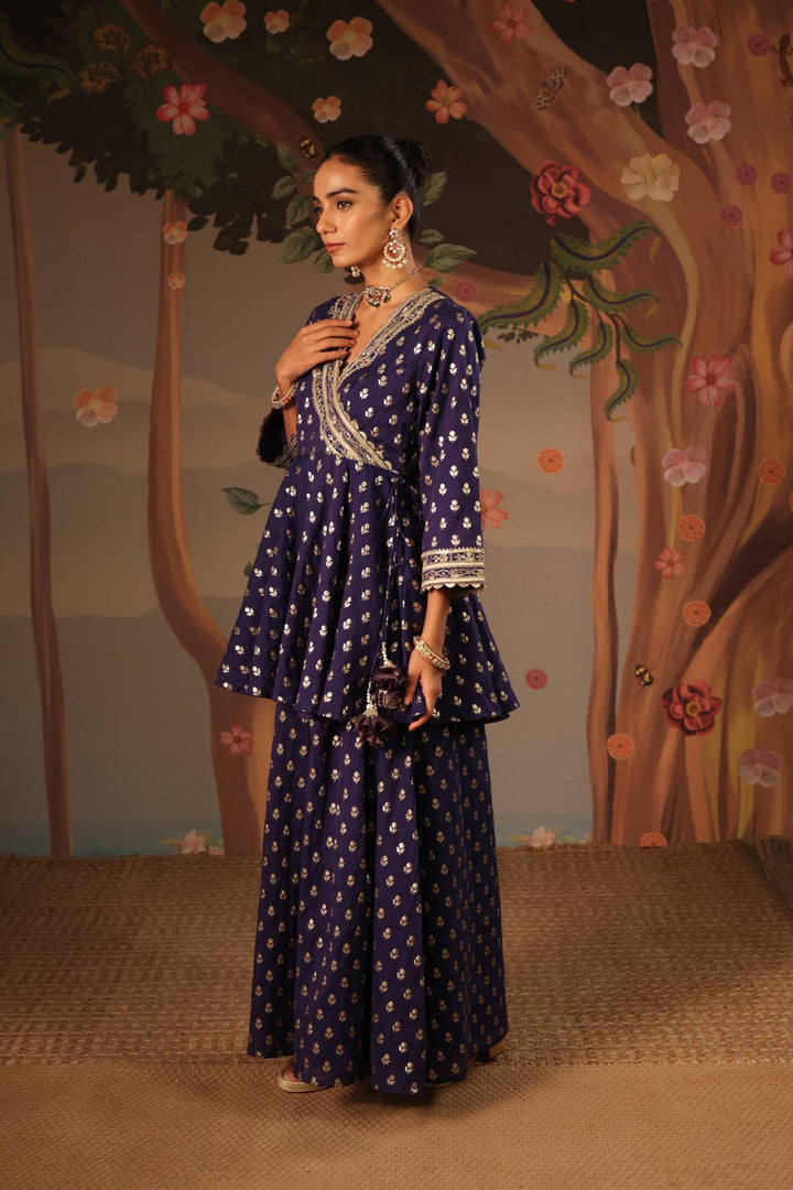 Blue Rose Embroidered Angrakha with Sharara and Dupatta - Set of 3