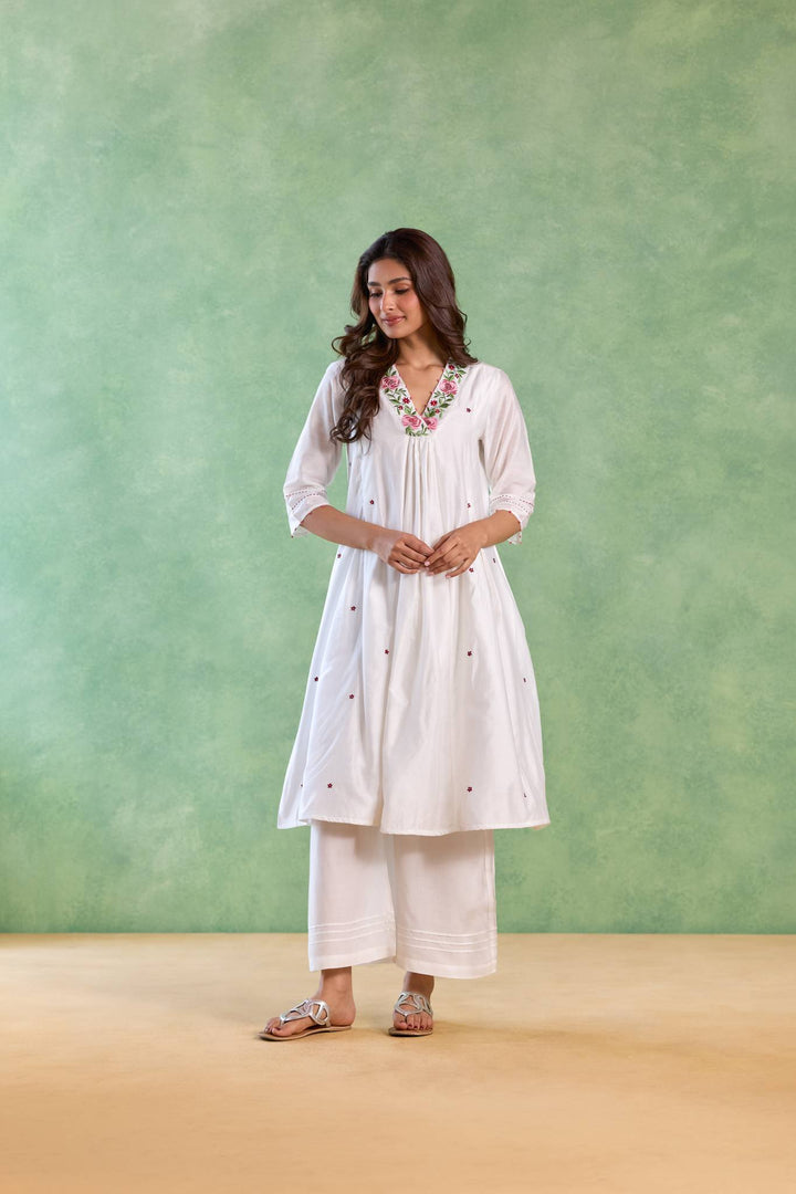 Red Petal Embroidered Kurta with Wide-Leg Pants - Set of 2