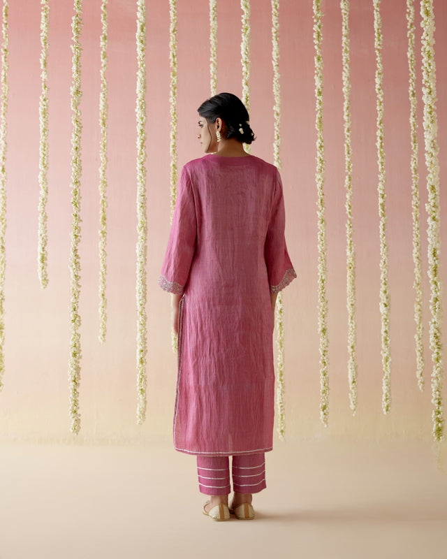 Peony Pink Tissue Kurta with Narrow Pants & Dupatta - Set of 3