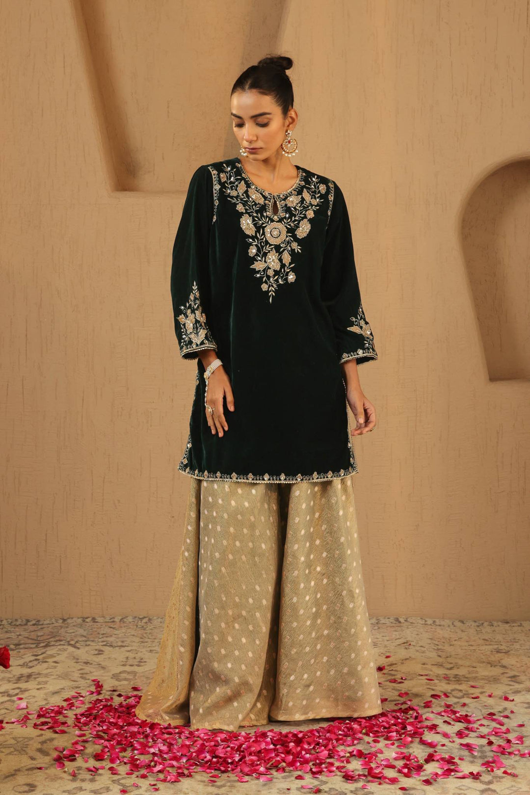 Emerald Floral Zari Velvet Kurta with Sharara and Dupatta - Set of 3