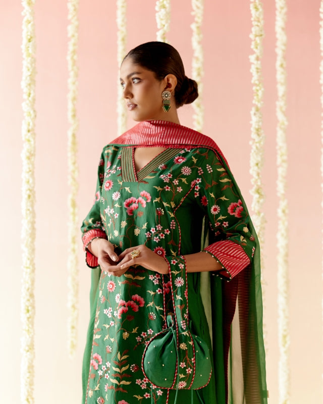 Emerald Lily Embroidered Kurta with Narrow Pants & Dupatta - Set of 3