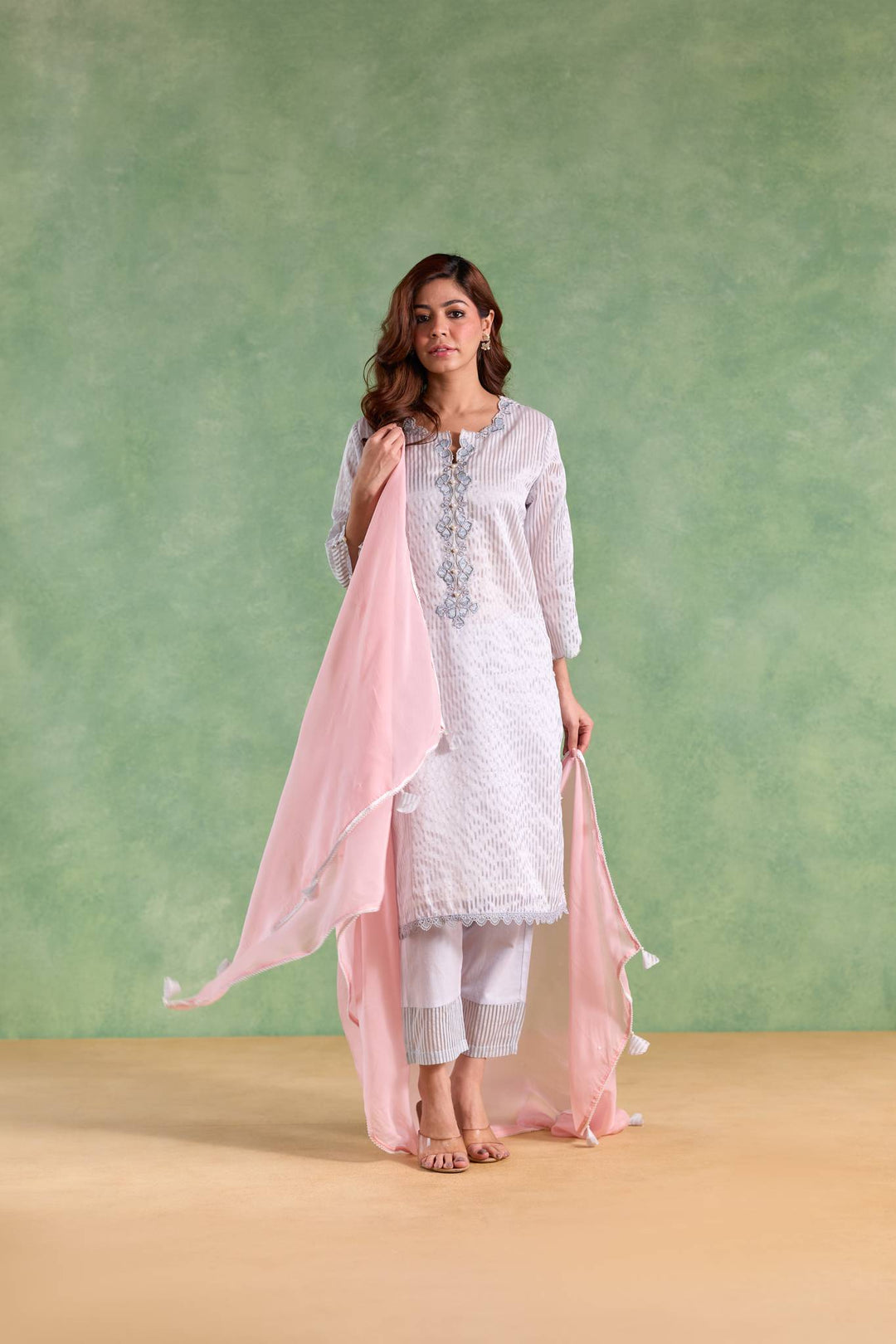 Sky Scallop Zari Kurta with Narrow Pants and Dupatta - Set of 3
