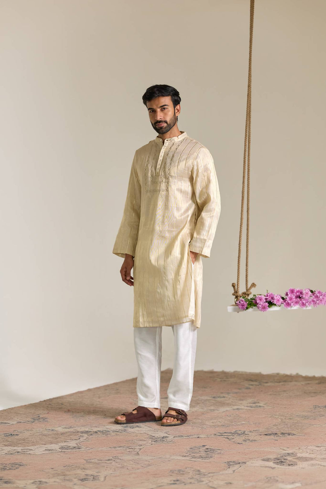 Gold Zari Yoke Stripe Embroidered Kurta
